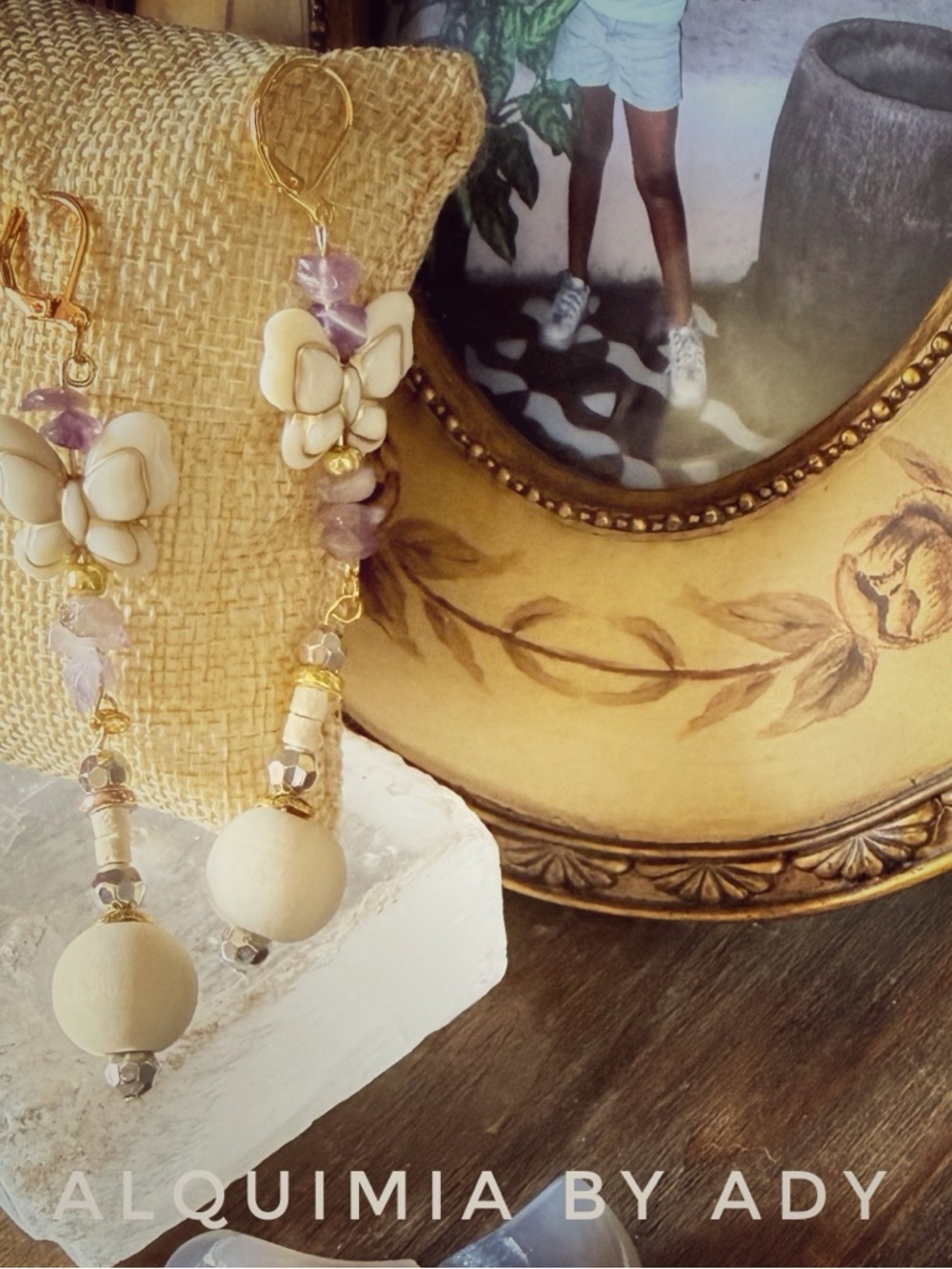 STATEMENT SHOULDER DUSTER Cream and Lavender Butterfly Dangle Earrings AMETHYST